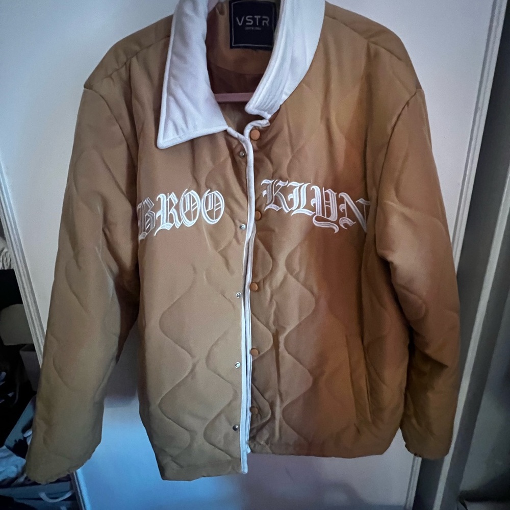 Tan Quilted Jacket with Brooklyn Embroidery